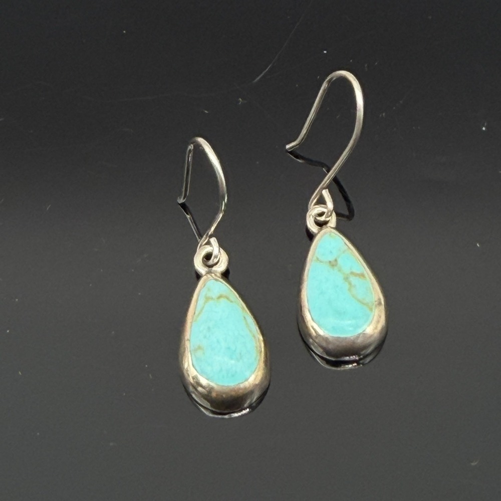 ATI Sterling Silver Mexico Teardrop Turquoise Hook Earrings 925 Southwestern
